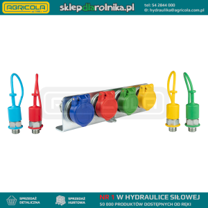 Cztery komplety szybkozłączy 4x gniazdo + 4x wtyczka euro. Gwinty krótkie M18x1.5. W zestawie ze wspornikiem mocującym i kolorowymi osłonami. Łączenie i rozłączanie w systemie push & pull.