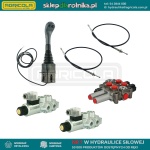 Zestaw hydrauliczny 4 sekcyjny: rozdzielacz 60L + dwa elektrozawory 6/2 + joystick z dwoma przyciskami + dwie linki 2,5m