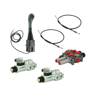 Zestaw hydrauliczny 4 sekcyjny: rozdzielacz 60L + dwa elektrozawory 6/2 + joystick z dwoma przyciskami + dwie linki 3m