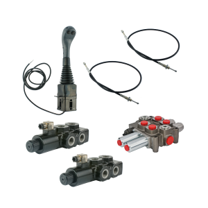 Zestaw hydrauliczny 4 sekcyjny: rozdzielacz 90L + dwa elektrozawory 6/2 + joystick z dwoma przyciskami + dwie linki 2m