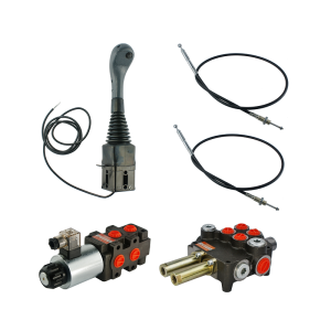 Zestaw hydrauliczny 3 sekcyjny: rozdzielacz 80L + elektrozawór 6/2 + joystick z jednym przyciskiem + dwie linki 1,5m