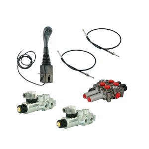 Zestaw hydrauliczny 4 sekcyjny: rozdzielacz 60L z sekcją pływającą + dwa elektrozawory 6/2 + joystick z dwoma przyciskami + dwie linki 2m
