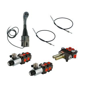 Zestaw hydrauliczny 4 sekcyjny: rozdzielacz 80L z sekcją pływającą + dwa elektrozawory 6/2 + joystick z dwoma przyciskami + dwie linki 2m