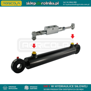 Cylinder siłownik hydrauliczny dwustronnego działania długość: 430mm skok: 250mm CJ2F-50/28/250 U25 w komplecie z zaworem zabezpieczającym VBPDE typu zamek