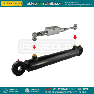 Cylinder siłownik hydrauliczny dwustronnego działania długość: 480mm skok: 300mm CJ2F-50/28/300 U25 w komplecie z zaworem zabezpieczającym VBPDE typu zamek