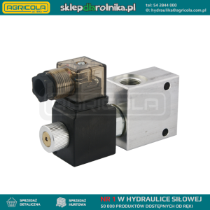 Zawór hydrauliczny sterowany elektrycznie normalnie otwarty 2-drogowy 2/2 z blokadą w jedną stronę. Gwinty: 3/4" napięcie: 24V przepływ: 140L/min ciśnienie max: 350bar