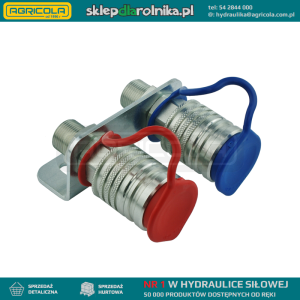 Dwa szybkozłącza hydrauliczne gniazda euro w zestawie ze wspornikiem mocującym oraz kolorowymi osłonami. Gwinty zewnętrzne od strony przewodów M18x1.5.