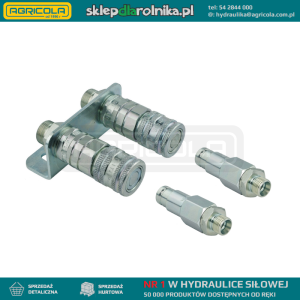 Dwa komplety szybkozłączy hydraulicznych 2x gniazdo + 2x wtyczka płaskie suchoodcinające w zestawie ze wspornikiem mocującym. Gwinty zewnętrzne od strony przewodów M22x1.5.