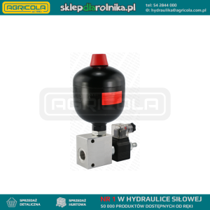 Hydroakumulator amortyzator hydrauliczny pojedynczy pojemność: 0,16L ciśnienie naładowania: 100bar w zestawie z zaworem odcinającym elektrycznym 12V