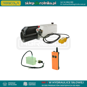 Agregat zasilacz hydrauliczny z pilotem i sterownikiem radiowym zasilanie: 12V moc: 2,0kW pompa: 2,6cm3 ciśnienie max: 21MPa zbiornik: 11L