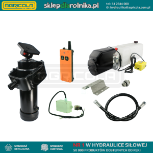 Hydraulika do przyczepy wywrotki, kipra. Zestaw do wywrotu: zasilacz 24V ze sterowaniem bezprzewodowym + siłownik z kołyską skok 1300 udźwig do 8 ton