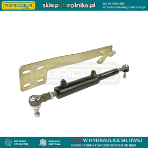 Cylinder siłownik hydrauliczny wspomagania Ursus C-360 i C-360-3P. Skok 200mm, montowany z boku do korpusu silnika. W zestawie z przegubami kulistymi i mocowaniami.