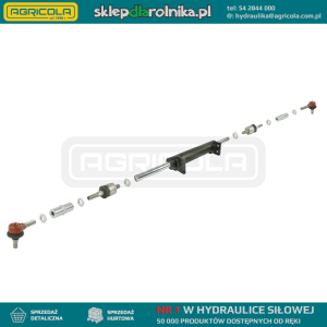 Cylinder siłownik hydrauliczny wspomagania Ursus C-385, 912 i innych pochodnych bez przedniej osi napędowej. Skok 2x125mm, montowany bezpośrednio do osi przedniej w pozycji poprzecznej. W komplecie z przegubami wzdłużnymi i kulistymi.