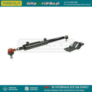 Cylinder siłownik hydrauliczny wspomagania Zetor 5011 - 5211 i pochodnych 3 cylindrowych. Skok 200mm, pracujący z boku, montowany do rury pod kabiną. W zestawie z przegubami kulistymi i mocowaniem.