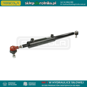 Cylinder siłownik hydrauliczny wspomagania Zetor 7011 - 7211 i pochodnych 4 cylindrowych. Skok 200mm, pracujący z boku, montowany do rury pod kabiną. W zestawie z przegubami kulistymi.