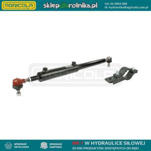 Cylinder siłownik hydrauliczny wspomagania Zetor 7011 - 7211 i pochodnych 4 cylindrowych. Skok 200mm, pracujący z boku, montowany do rury pod kabiną. W zestawie z przegubami kulistymi i mocowaniem.
