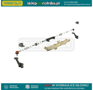 Siłownik hydrauliczny wspomagania, poprzeczny z podwójnym tłoczyskiem wysuwanym na dwie strony o skoku 2x80mm. W zestawie z przegubami, łącznikami, dźwigniami oraz wspornikiem do osi okrągłej. Pasuje do ciągników C-330, C-360, C-360-3P.