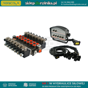 Rozdzielacz hydrauliczny 7 sekcyjny 40L/min sterowany elektrycznie 12V z panelem sterującym  z siedmioma przyciskami