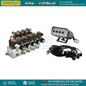 Rozdzielacz hydrauliczny 4 sekcyjny blokowy typu CETOP 03 NG6 sterowany elektrycznie 12V z panelem sterującym z czterema przyciskami