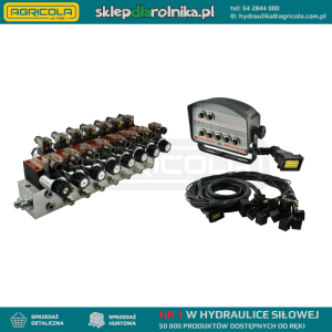 Rozdzielacz hydrauliczny 7 sekcyjny blokowy typu CETOP 03 NG6 sterowany elektrycznie 12V z panelem sterującym z siedmioma przyciskami