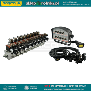 Rozdzielacz hydrauliczny 9 sekcyjny blokowy typu CETOP 03 NG6 sterowany elektrycznie 12V z panelem sterującym z dziewięcioma przyciskami