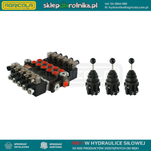 Rozdzielacz hydrauliczny 5 sekcyjny 40L/min sterowany elektrycznie 12V w zestawie z trzema joystickami elektrycznymi 5 pozycyjnymi