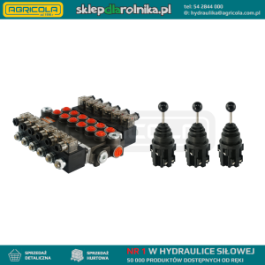 Rozdzielacz hydrauliczny 6 sekcyjny 40L/min sterowany elektrycznie 12V w zestawie z trzema joystickami elektrycznymi 5 pozycyjnymi