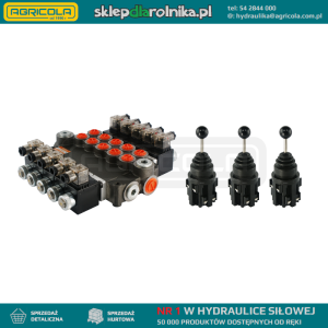 Rozdzielacz hydrauliczny 5 sekcyjny 80L/min sterowany elektrycznie 12V w zestawie z trzema joystickami elektrycznymi 5 pozycyjnymi