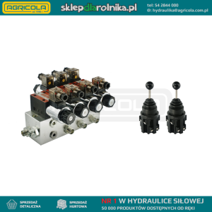 Rozdzielacz hydrauliczny 3 sekcyjny blokowy typu CETOP 03 NG6 sterowany elektrycznie 12V w zestawie z dwoma joystickami elektrycznymi 5 pozycyjnymi