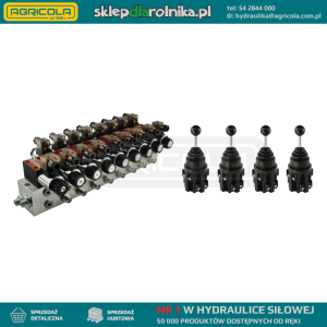 Rozdzielacz hydrauliczny 8 sekcyjny blokowy typu CETOP 03 NG6 sterowany elektrycznie 12V w zestawie z czterema joystickami elektrycznymi 5 pozycyjnymi