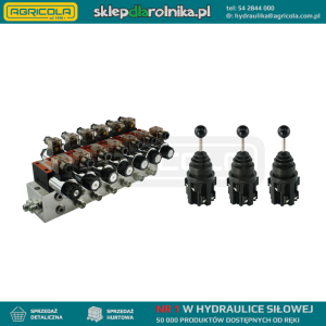 Rozdzielacz hydrauliczny 6 sekcyjny blokowy typu CETOP 03 NG6 sterowany elektrycznie 24V w zestawie z trzema joystickami elektrycznymi 5 pozycyjnymi