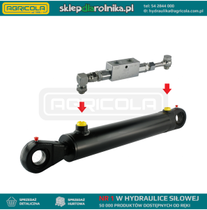Cylinder siłownik hydrauliczny dwustronnego działania długość: 482mm skok: 200mm CJ2F 63/36/200 U35 w komplecie z zaworem zabezpieczającym VBPDE typu zamek