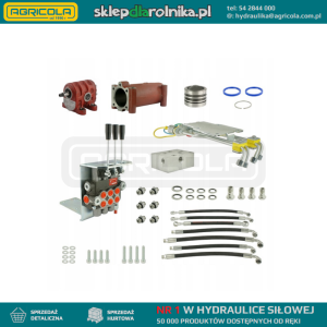 Zestaw do przeróbki i rozbudowy podstawowej hydrauliki w ciągnikach ursus C-330 w zestawie adapter, pompa żeliwna, tłok i cylinder podnośnika, rozdzielacz 3 sekcyjny z sekcją pływającą, wsporniki, gniazda, węże i złącza.