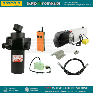 Hydraulika do przyczepy wywrotki, kipra. Zestaw do wywrotu: zasilacz 24V z kołyską ze sterowaniem bezprzewodowym + siłownik skok 1200 udźwig do 10 ton