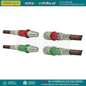 Dwa komplety szybkozłączy hydraulicznych 2x wtyczka + 2x gniazdo euro w zestawie z kolorowymi znacznikami. Gwinty zewnętrzne od strony przewodów M18x1.5.