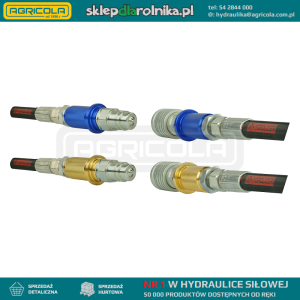 Dwa komplety szybkozłączy hydraulicznych 2x wtyczka + 2x gniazdo euro w zestawie z kolorowymi znacznikami. Gwinty zewnętrzne od strony przewodów M18x1.5.