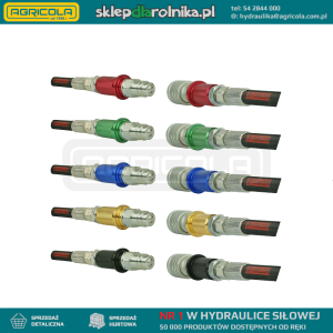 Pięć kompletów szybkozłączy hydraulicznych 5x wtyczka + 5x gniazdo euro w zestawie z kolorowymi znacznikami. Gwinty zewnętrzne od strony przewodów M18x1.5.