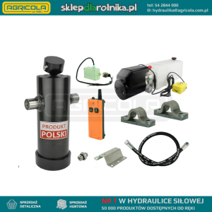 Hydraulika do przyczepy wywrotki, kipra. Zestaw do wywrotu: zasilacz 12V  ze sterowaniem bezprzewodowym + siłownik skok 1237 udźwig do 8 ton