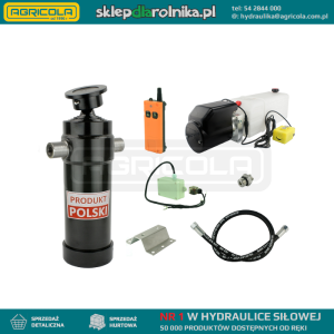 Hydraulika do przyczepy wywrotki, kipra. Zestaw do wywrotu: zasilacz 24V ze sterowaniem bezprzewodowym + siłownik skok 1432 udźwig do 12 ton