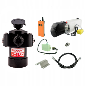 Hydraulika do przyczepy wywrotki, kipra. Zestaw do wywrotu: zasilacz 12V ze sterowaniem bezprzewodowym + siłownik z kołyską skok 1000 udźwig do 12 ton