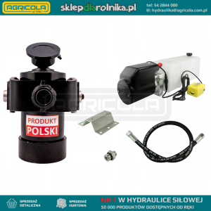 Hydraulika do przyczepy wywrotki, kipra. Zestaw do wywrotu: zasilacz 24V + siłownik z kołyską skok 1000 udźwig do 12 ton