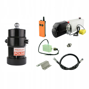 Hydraulika do przyczepy wywrotki, kipra. Zestaw do wywrotu: zasilacz 12V ze sterowaniem bezprzewodowym + siłownik skok 750 udźwig do 8 ton